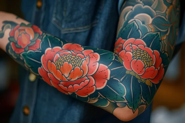 Detailliertes Japanisches Blumenmuster auf Tätowierung