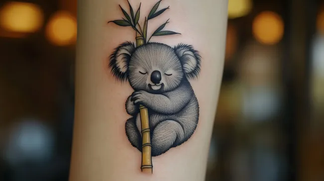 Detailliertes Koala-Tattoo mit Bambus in minimalistischer Optik