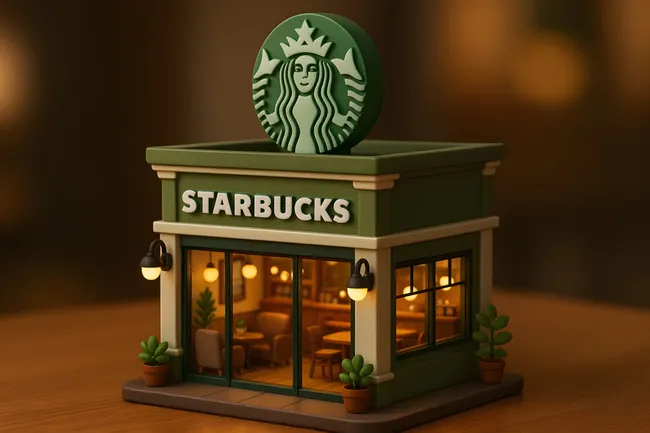 Detailliertes Miniatur-Starbucks-Café in nächtlicher Stimmung