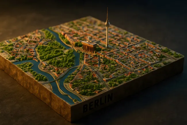 Detailliertes Modell der Berliner Skyline mit dem Brandenburger Tor