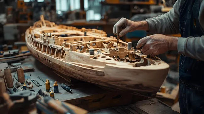 Detailliertes Schiffsmodell aus Holz in Werkstatt