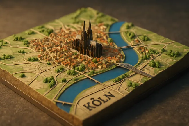 Detailmodell der Kölner Skyline mit Dom und Rhein