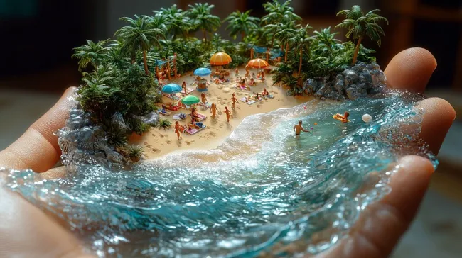 Detailreiche Miniaturstrandszene in einer menschlichen Hand