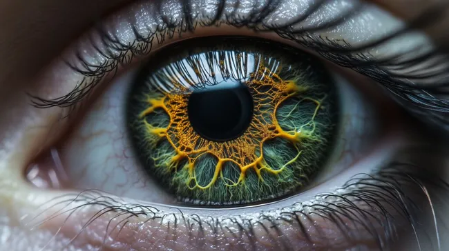 Detailreiche Nahaufnahme eines menschlichen Auges mit goldenem Irismuster