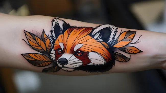 Detailreiches Tattoo-Motiv mit rotem Panda und Blättern