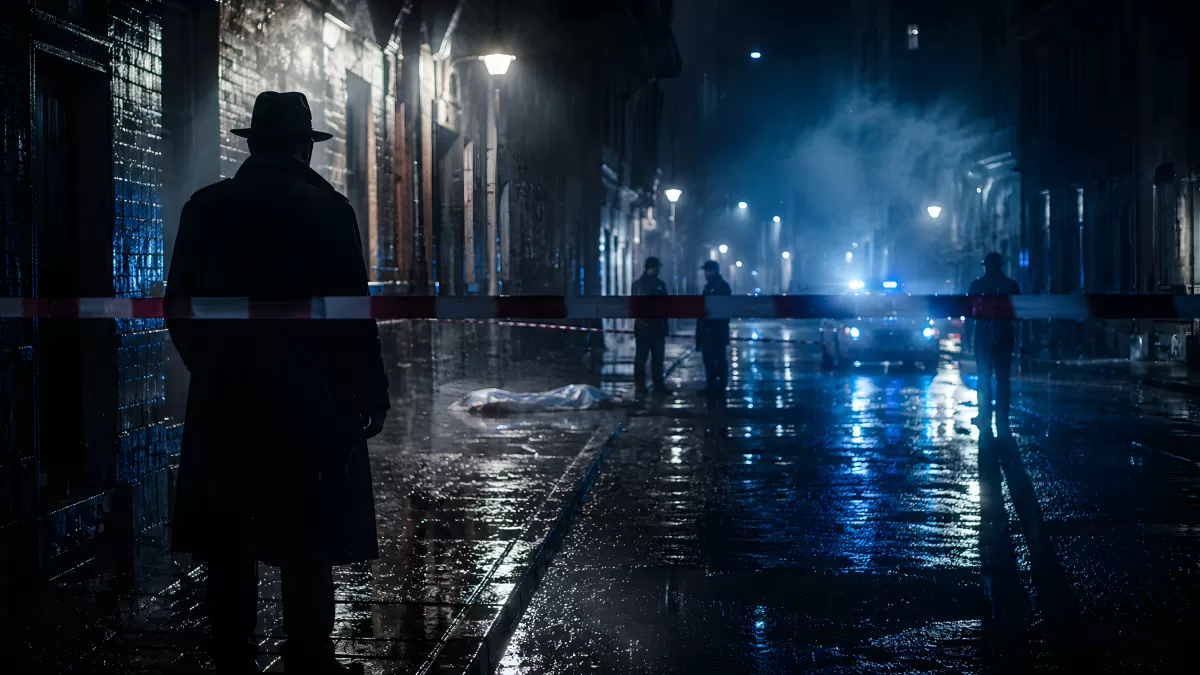 Detektiv am nächtlichen Tatort im Regen