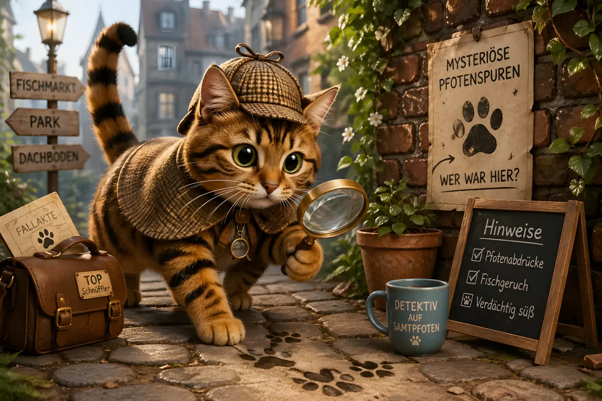 Detektiv-Katze mit Lupe auf Spurensuche