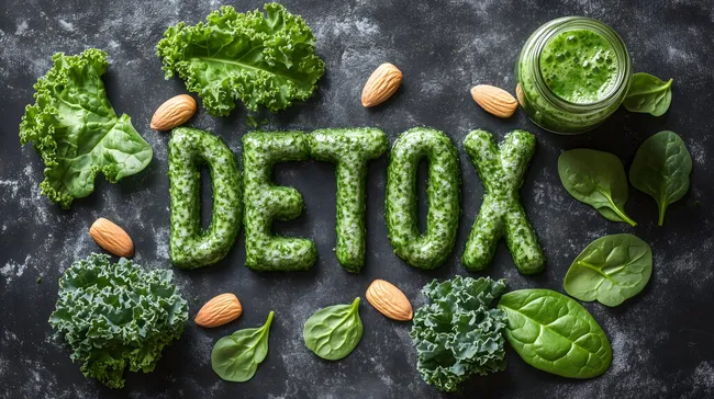 Detox-Schriftzug aus grünem Smoothie und Zutaten