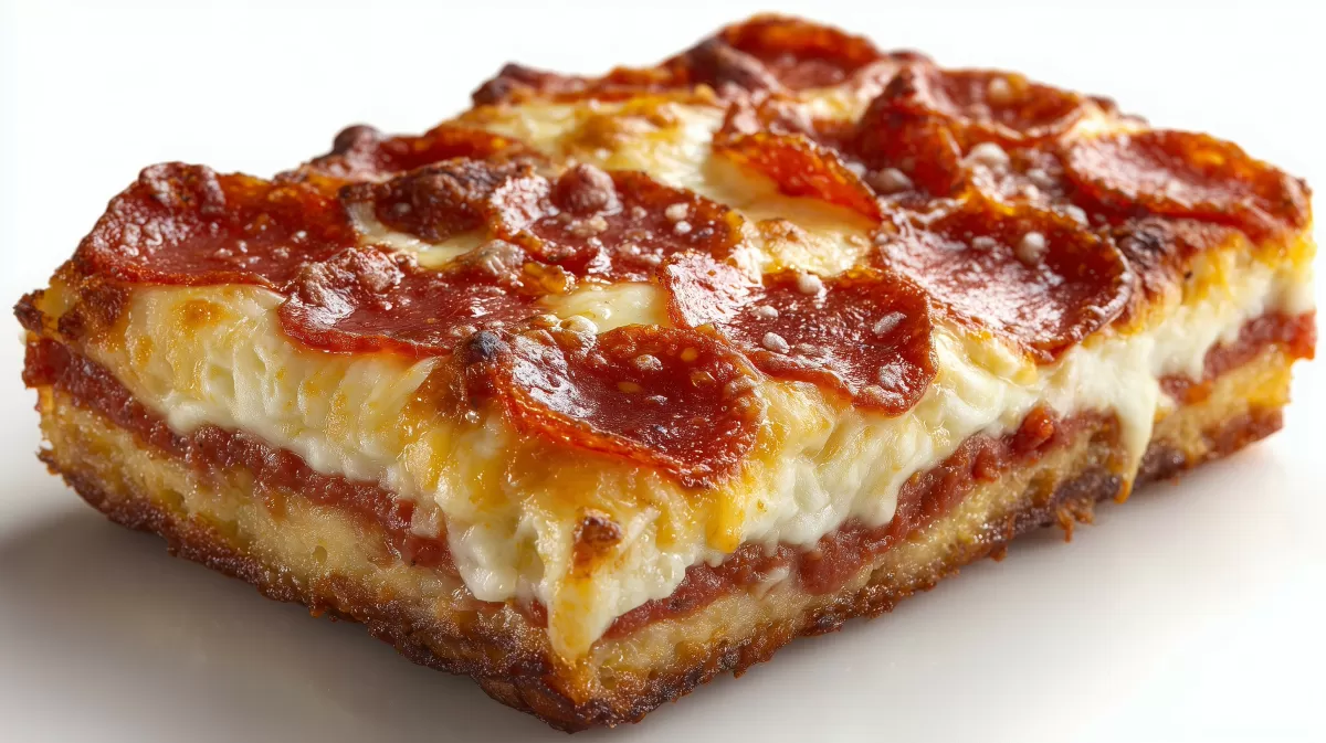 Detroit Style Pizza mit Pepperoni – knuspriges Stück