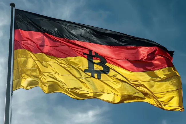 Deutsche Flagge mit Bitcoin-Symbol weht im Wind