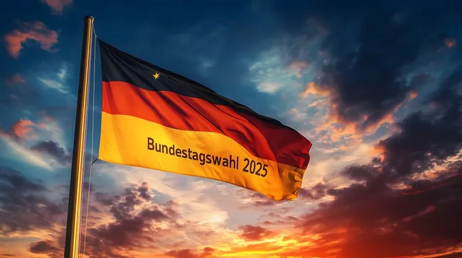 Deutsche Flagge vor dramatischer Abenddämmerung