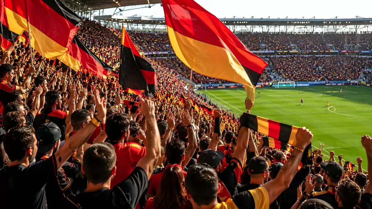 Deutsche Fußballfans feiern ausgelassen im Stadion
