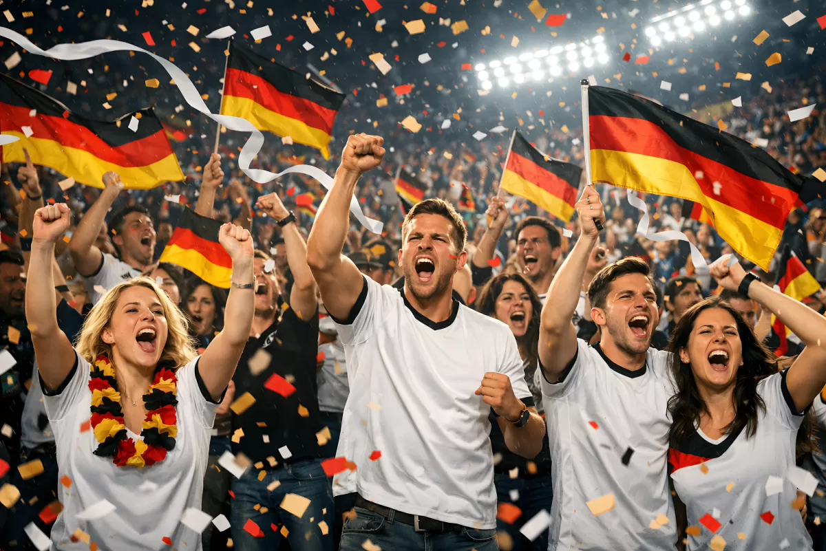Deutsche Fußballfans jubeln während der WM im Stadion