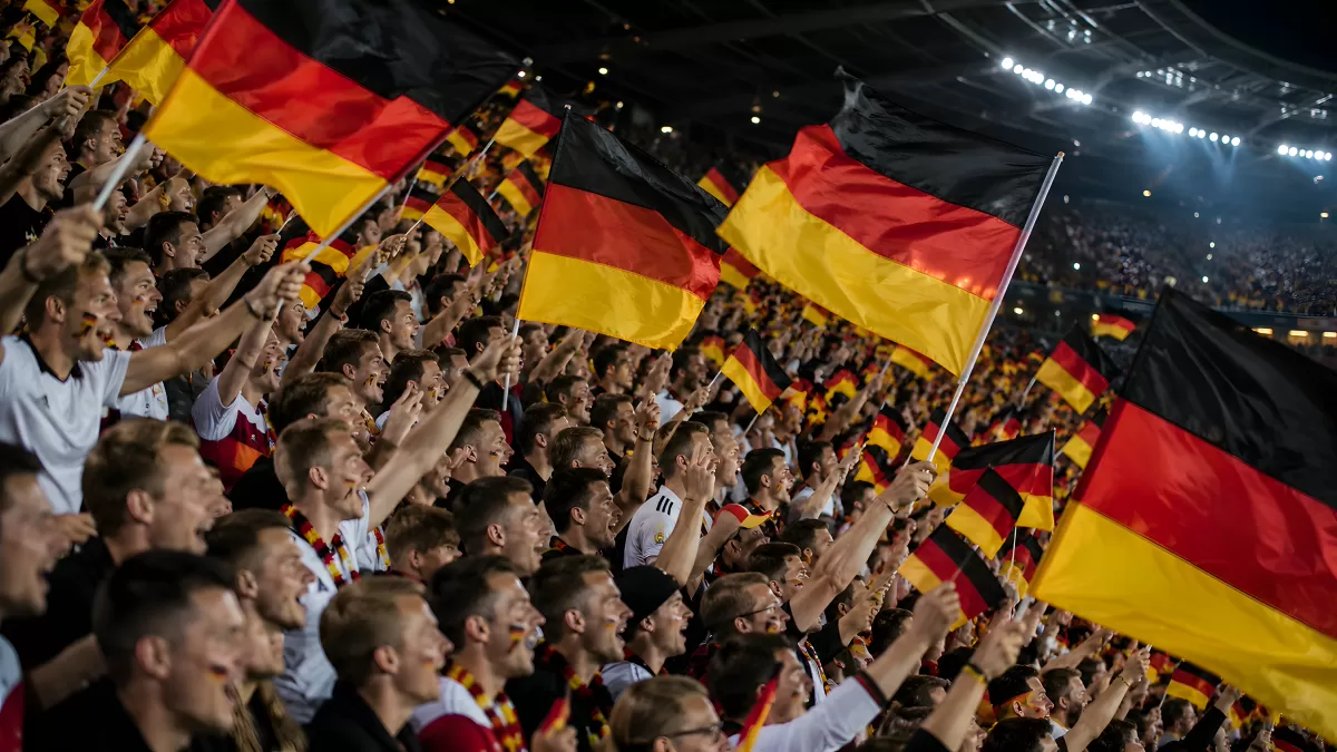 Deutsche Fußballfans schwenken Flaggen im Stadion