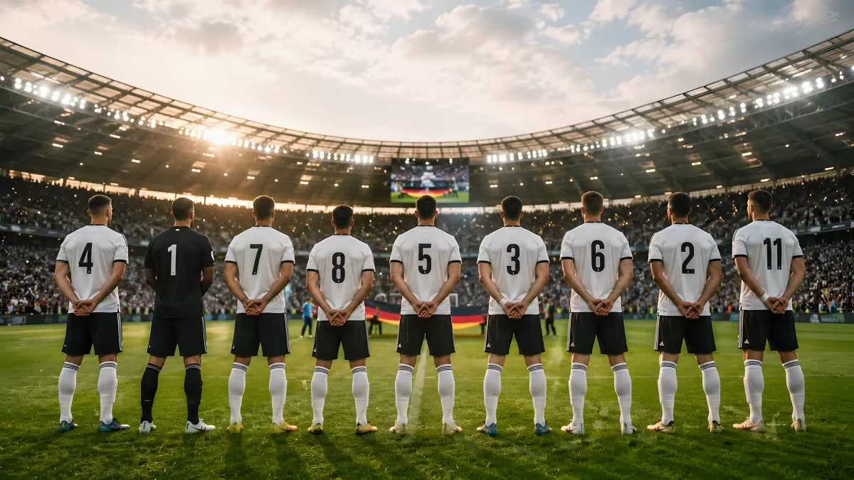 Deutsche Fußballmannschaft steht Rücken zur Kamera im Stadion