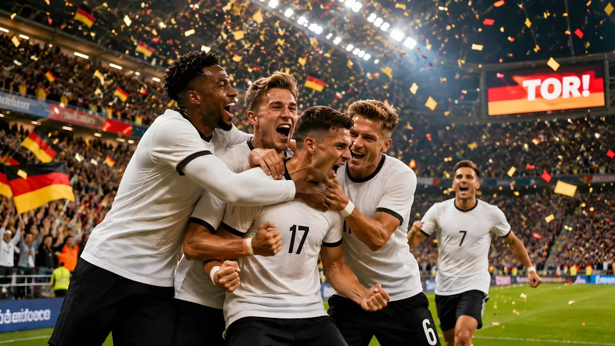 Deutsche Fußballspieler feiern gemeinsam ein Tor im Stadion