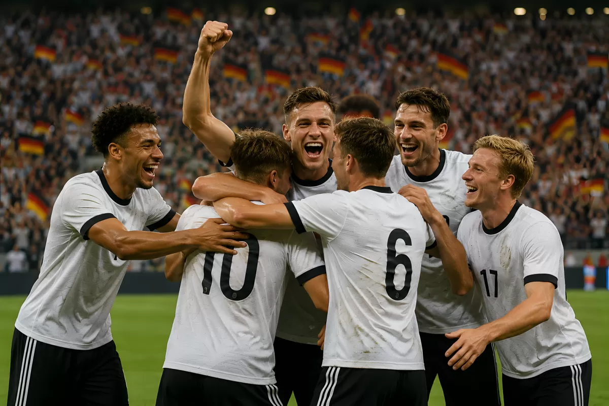 Deutsche Fußballspieler jubeln gemeinsam nach Torerfolg
