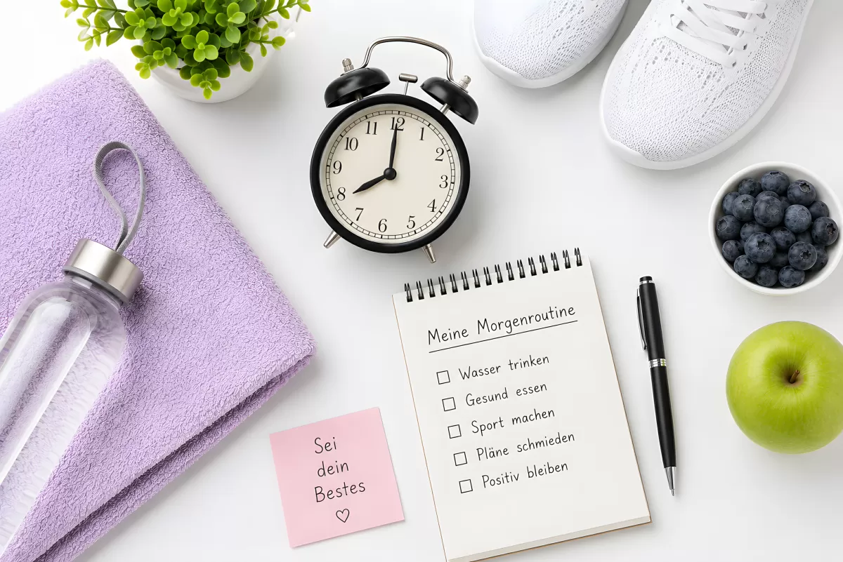 Deutsche Morgenroutine-Checkliste mit Uhr und Sport