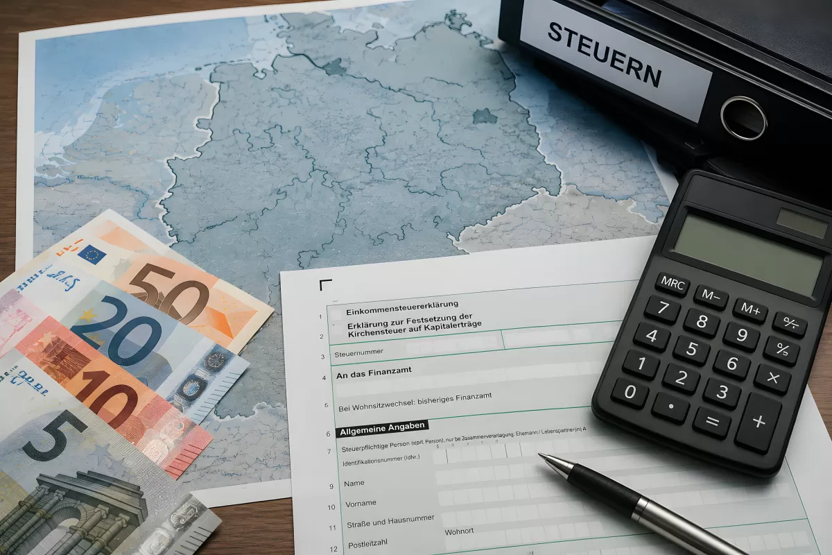 Deutsche Steuererklärung mit Euro-Scheinen und Taschenrechner