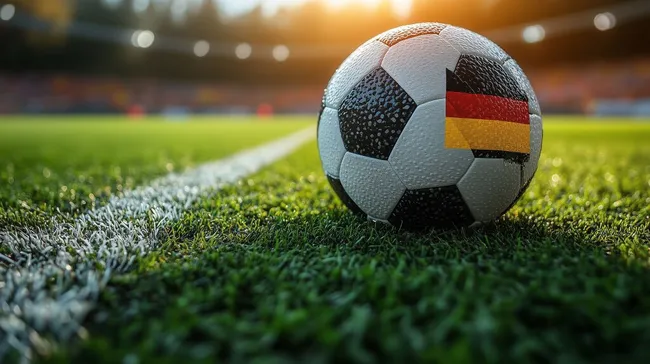 Deutscher Fußball auf Spielfeld mit Rasenstreifen