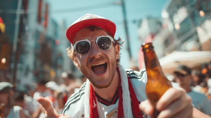 Deutscher Fußballfan mit Bierflasche feiert auf der Straße