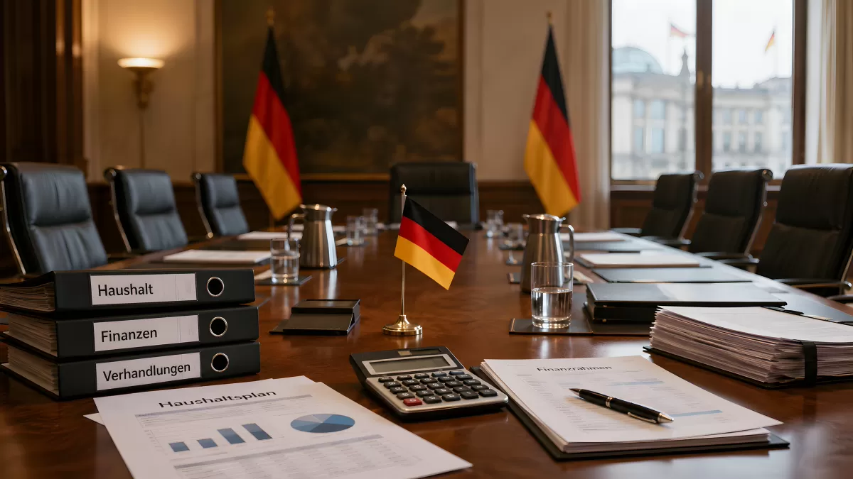 Deutscher Konferenzraum mit Haushaltsdokumenten