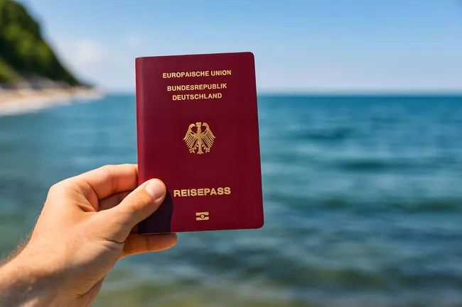 Deutscher Reisepass vor malerischer Meerlandschaft