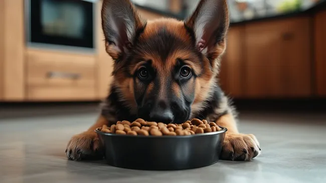 Deutscher Schäferhund frisst Futter aus Napf in Küche