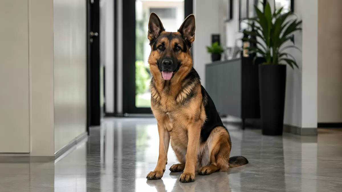 Deutscher Schäferhund sitzt im modernen Hausflur