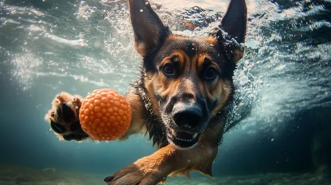 Deutscher Schäferhund taucht nach Spielball im Wasser