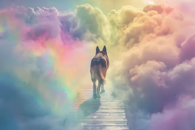 Deutscher Schäferhund überquert Regenbogenbrücke in Traumlandschaft
