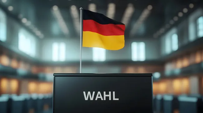Deutscher Wahlurne mit wehender Flagge