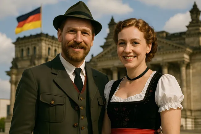Deutsches Paar in traditioneller Tracht vor dem Reichstagsgebäude