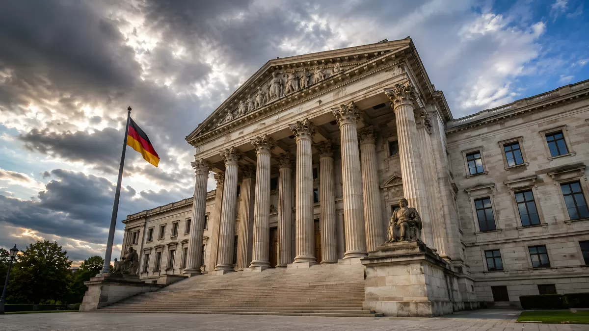 Deutsches Parlamentsgebäude mit Säulenfront und Flagge