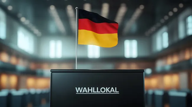 Deutsches Wahllokal mit wehender Flagge
