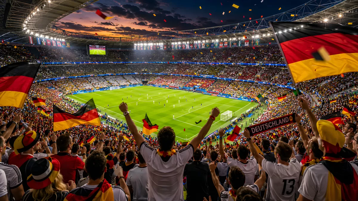 Deutschland-Fans feiern im vollbesetzten Fußballstadion