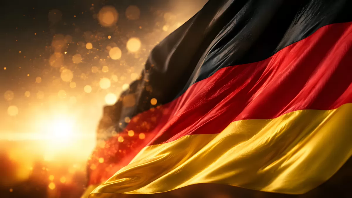 Deutschlandfahne weht dramatisch im Gegenlicht