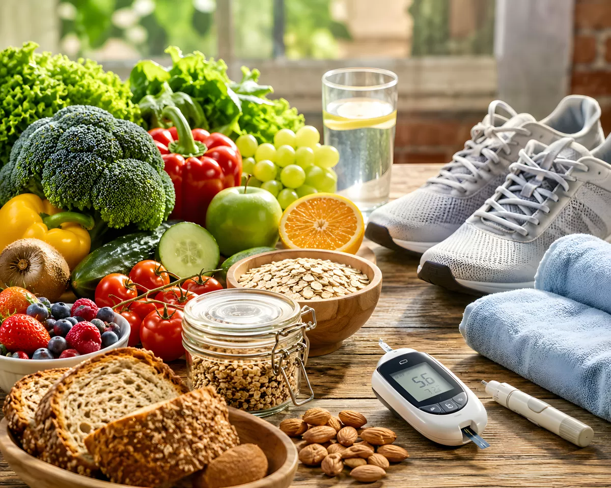 Diabetiker-Ernährung mit Blutzuckermessgerät und Sport