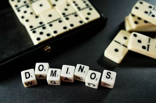 Dice reading DOMINOS