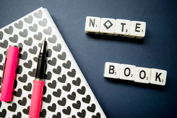 Dice reading NOTE BOOK, small note book, and pen