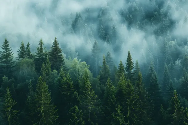Dichter Nadelwald in nebligem Hochgebirge