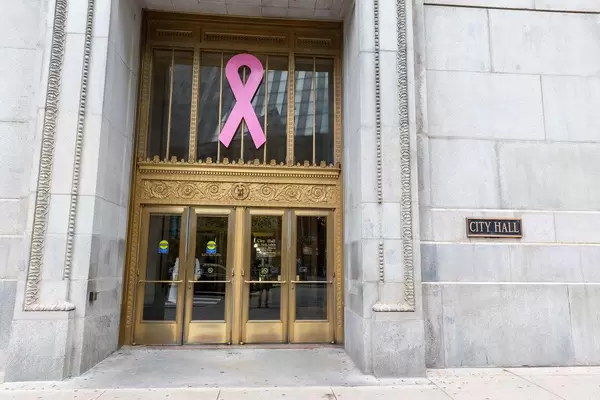 Die Rosa Schleife - Symbol im Bewusstsein gegen Brustkrebs - am Eingang vom Rathaus in Chicago