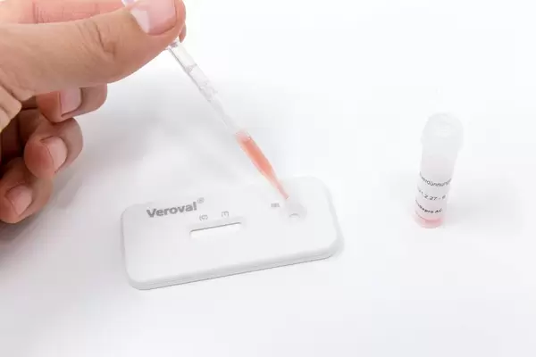 Die Testflüssigkeit mit Blut wird mit Pipette auf den Tester des  Veroval Gluten-Intoleranz Selbst-Test getropft
