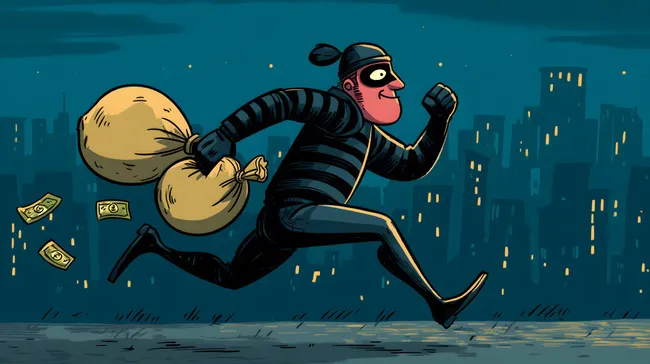 Dieb mit Geldsack in düsterer Großstadt-Nacht