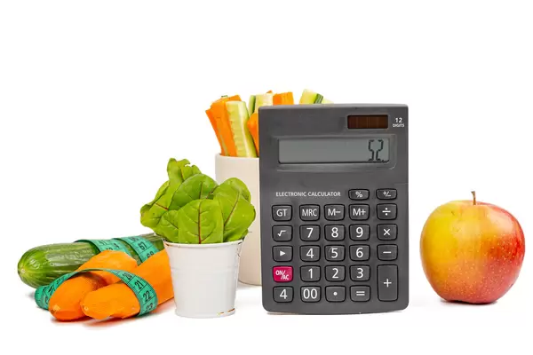 Diet food items with measuring tape and calculator