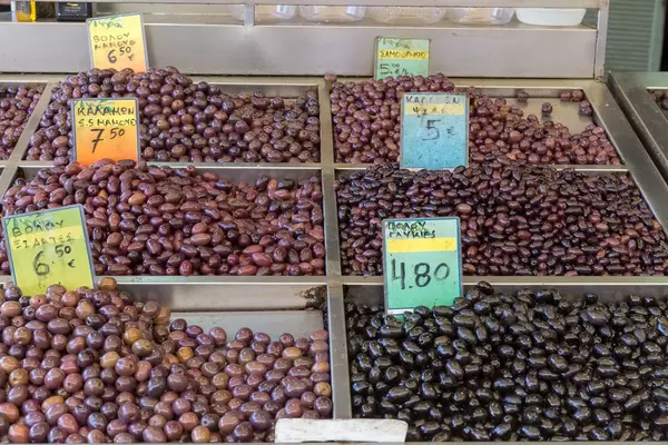 Different kinds of pickled olives at Kapani market in Thessaloniki