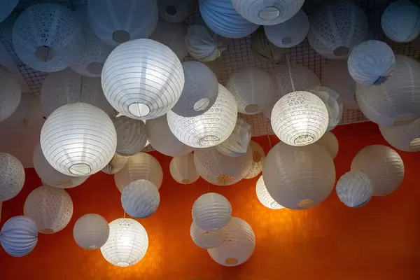 Different Shaped Round Paper Ceiling Lamps in a Cafe