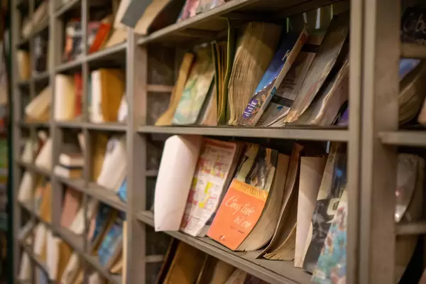 Different Used Softcover and Hardcover Books in severel Languages in a Wooden Bookshelf for Book Exchange