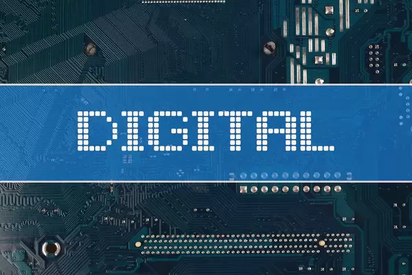 Digital text over electronic circuit board background