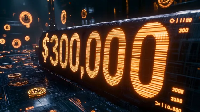 Digitale Anzeige mit Bitcoin-Wert von 300.000 US-Dollar
